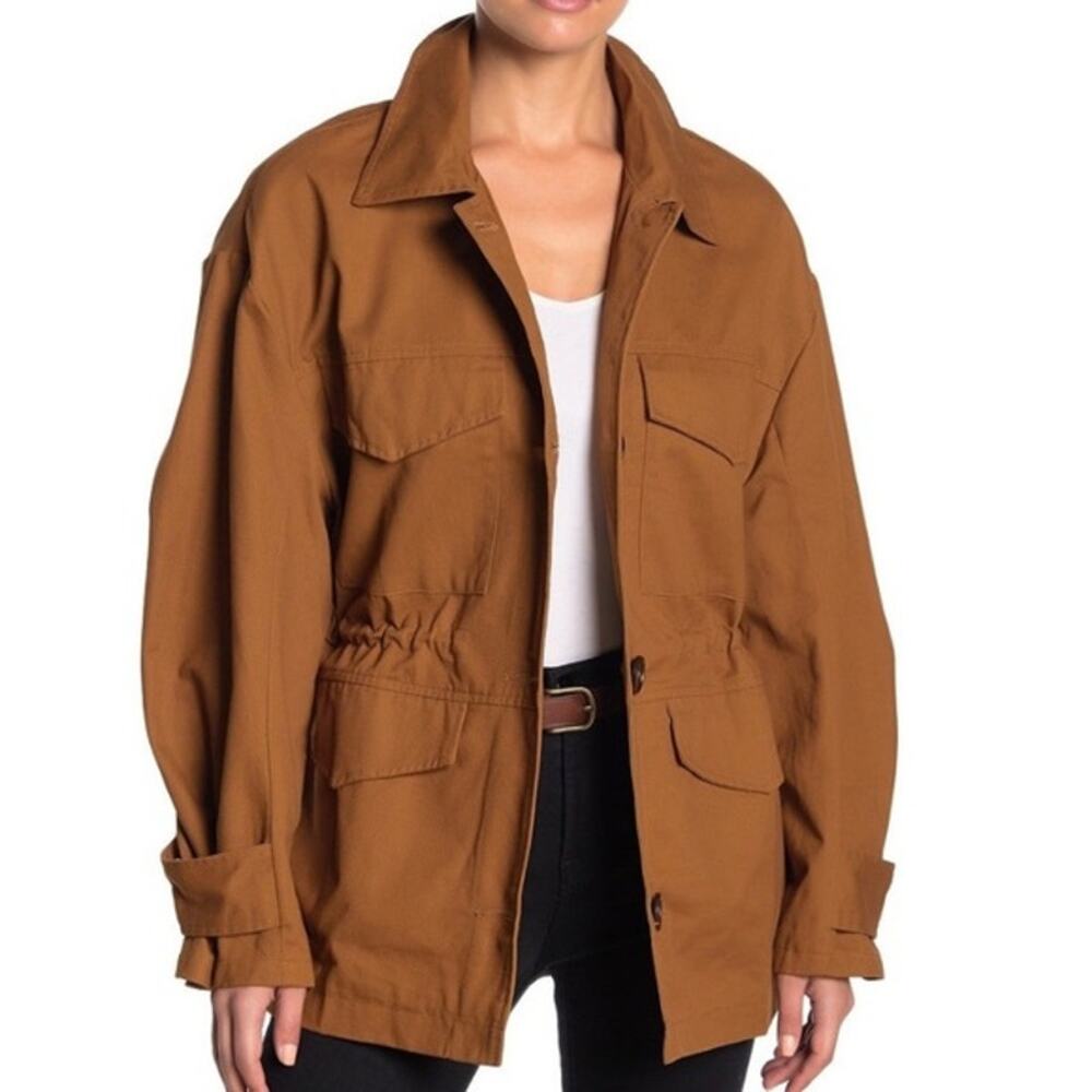 Lush Oversized Utility Jacket Button Up Cotton Pockets S Women's Brown Camel Tan